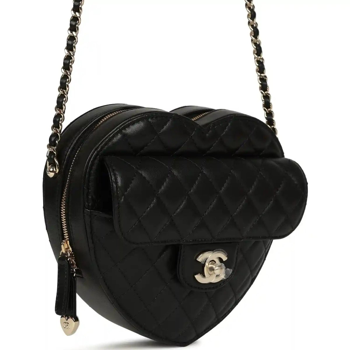 Chanel heart bag with quilted lambskin, gold-tone CC logo, chain strap, black