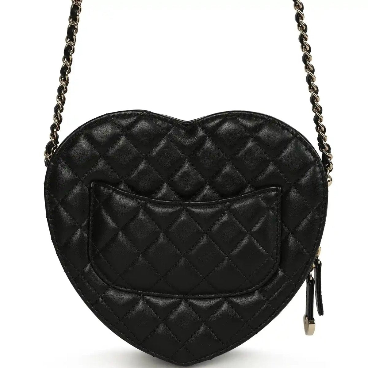 Chanel heart bag back view with quilted lambskin, gold zipper tassel, black