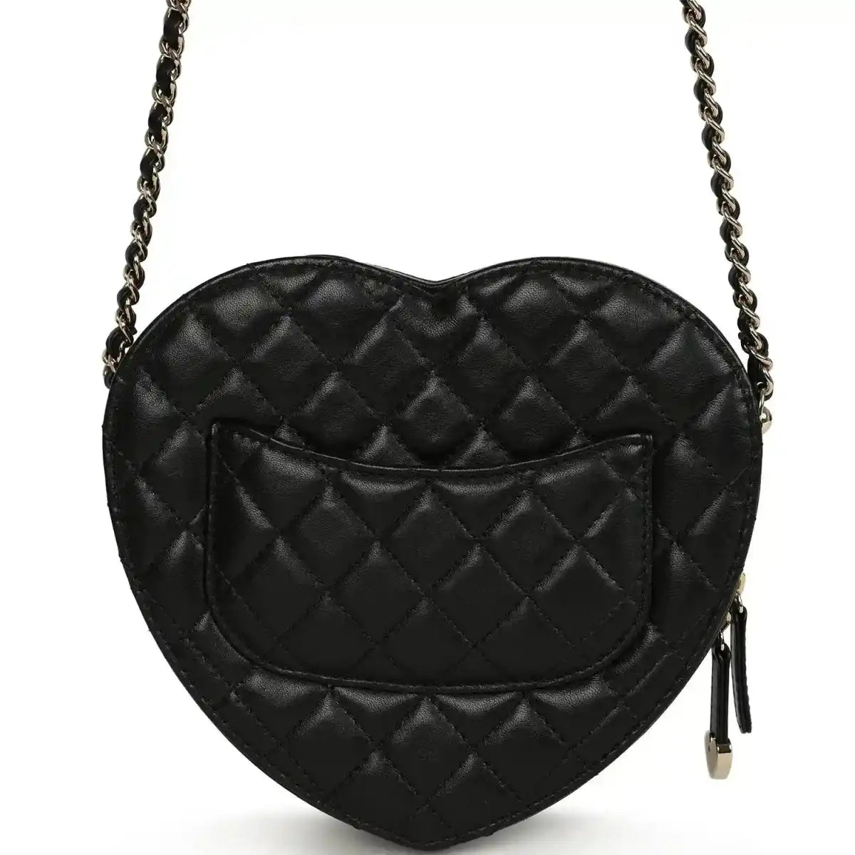 Chanel heart bag back view with quilted lambskin, gold zipper tassel, black
