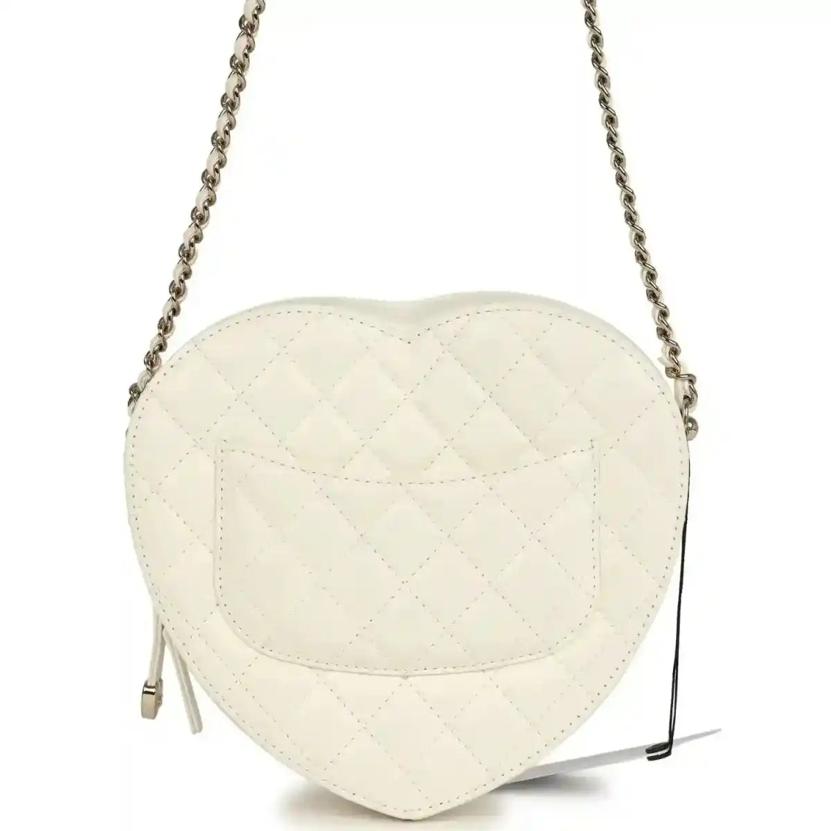 White quilted heart-shaped shoulder bag with flap seam details and chain strap, gold hardware