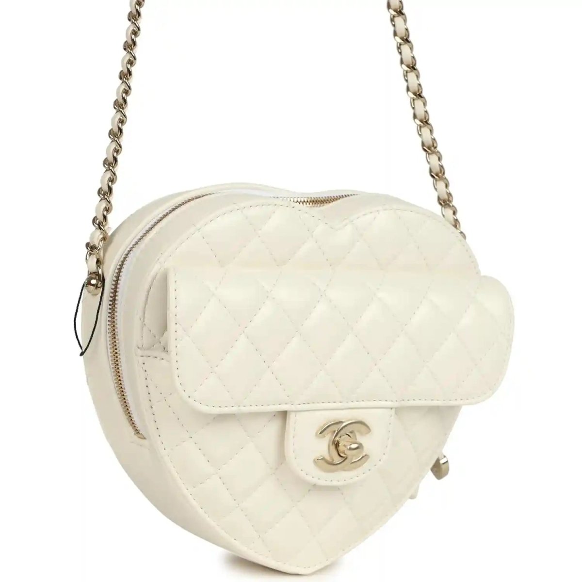 White quilted heart-shaped shoulder bag with gold-tone Chanel CC clasp and top zipper