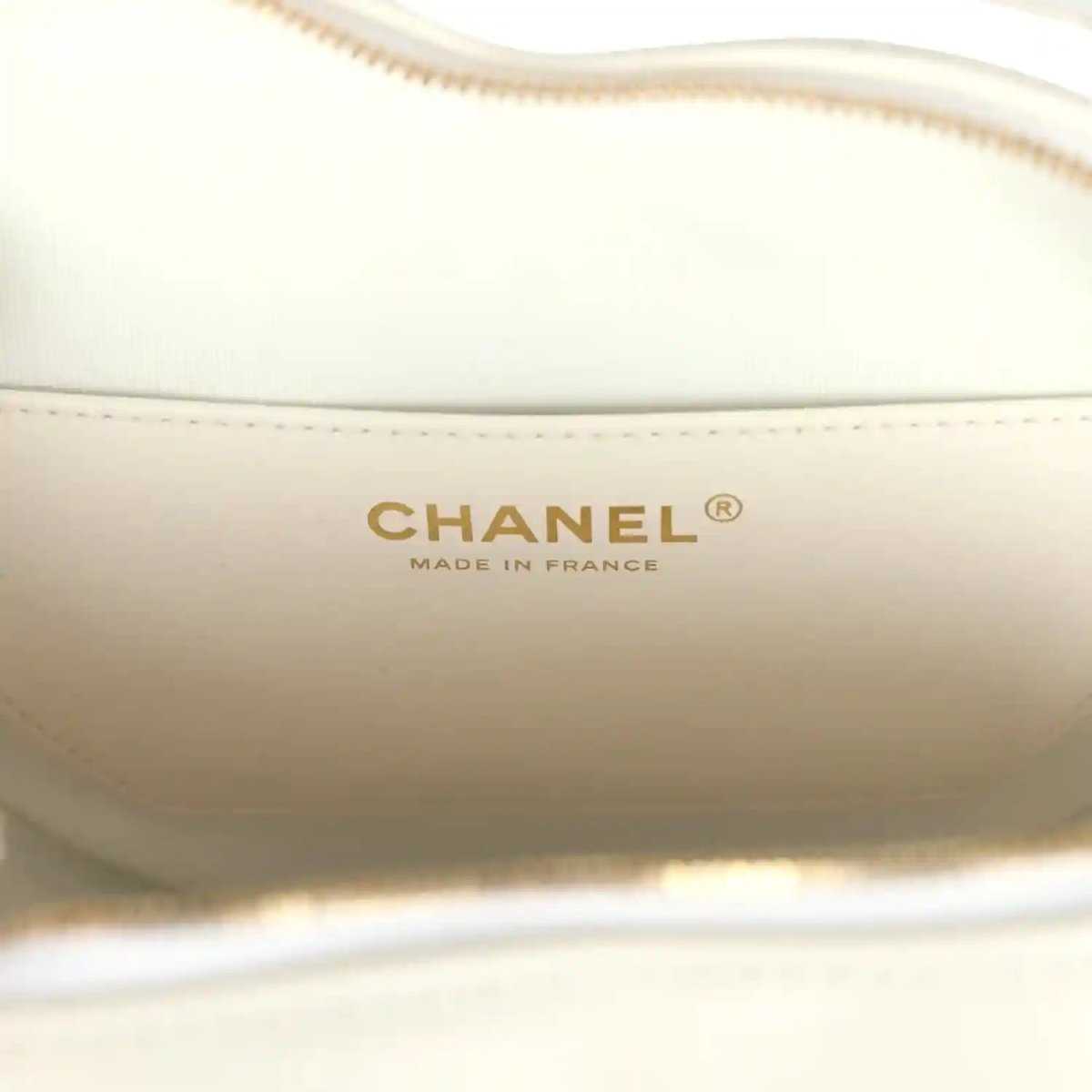 Chanel lambskin bag lining with CHANEL and MADE IN FRANCE stamp, white and gold tone hardware