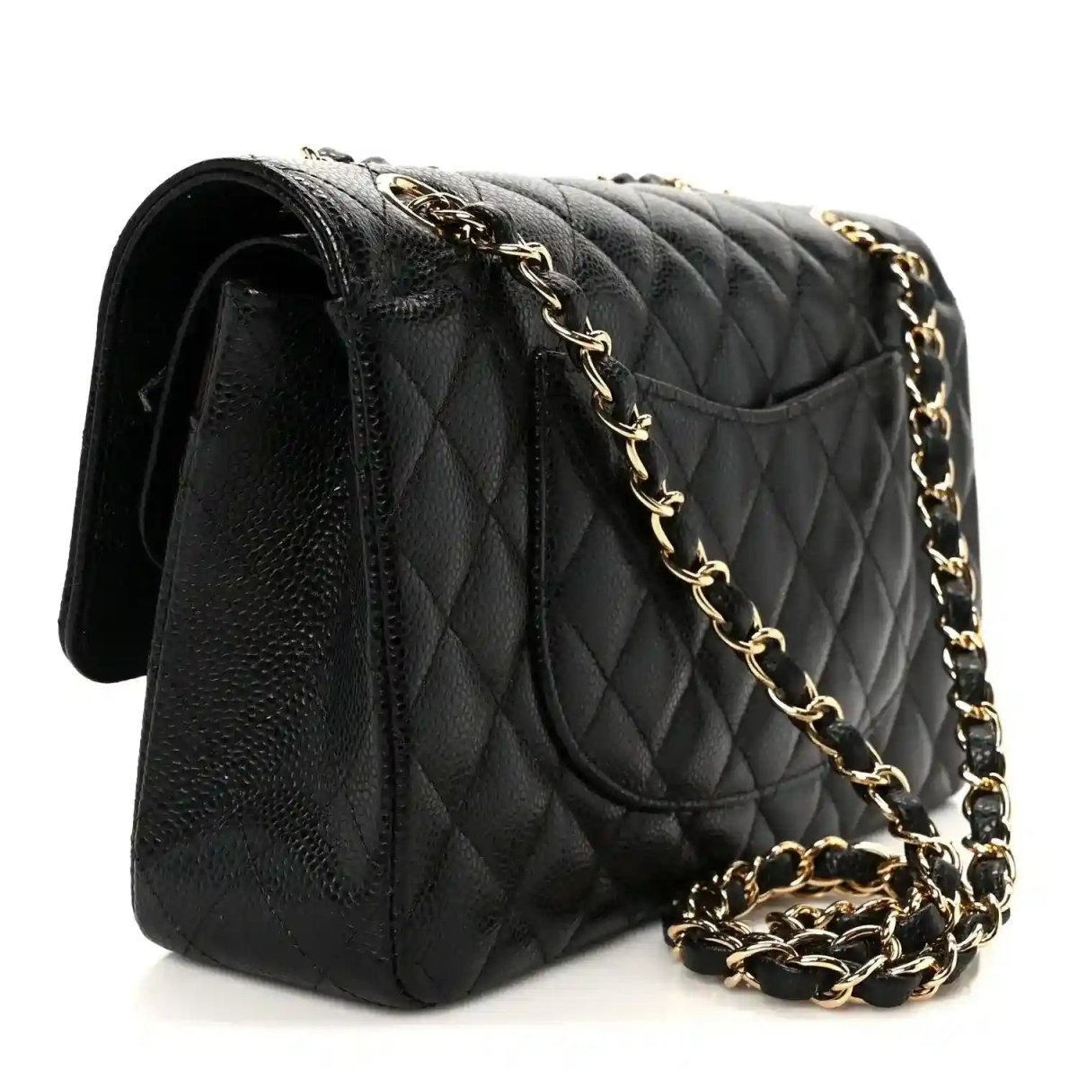Chanel medium double flap bag, black quilted caviar leather side view with chain strap