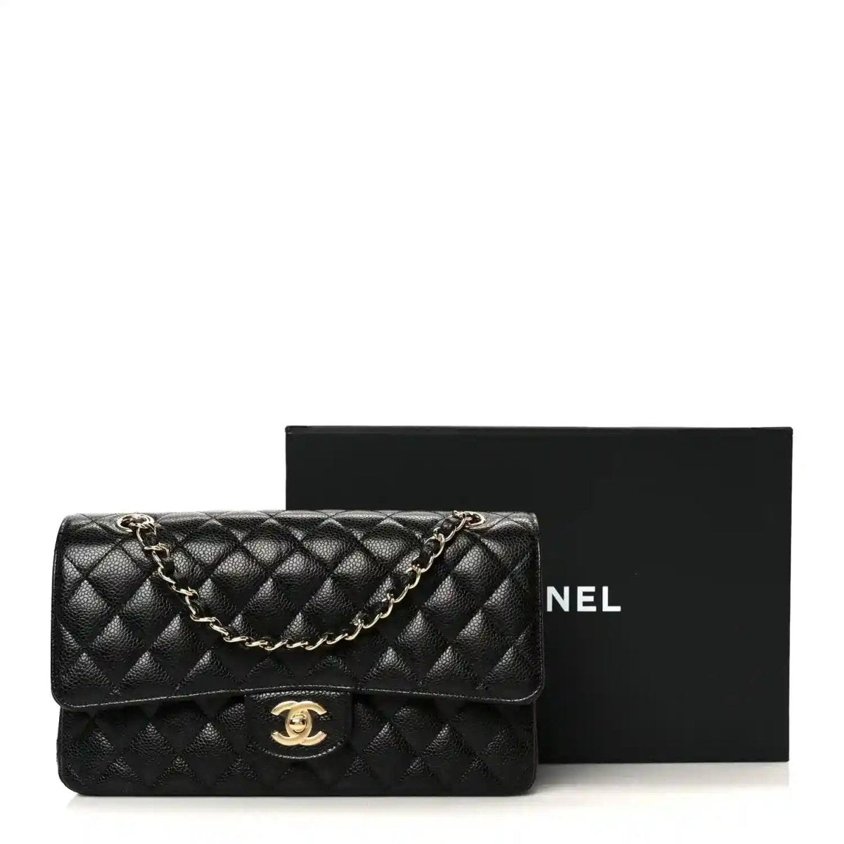 Chanel Classic Medium Double Flap Bag in black quilted caviar leather with chain strap