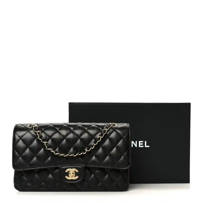 Chanel Classic Medium Double Flap Bag in black quilted caviar leather with chain strap