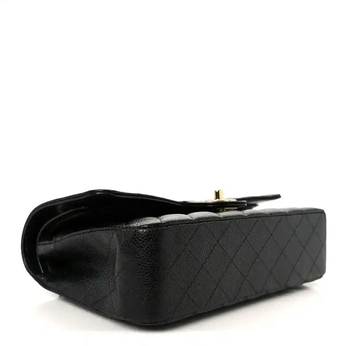 Chanel medium double flap bag base and side, black quilted caviar leather