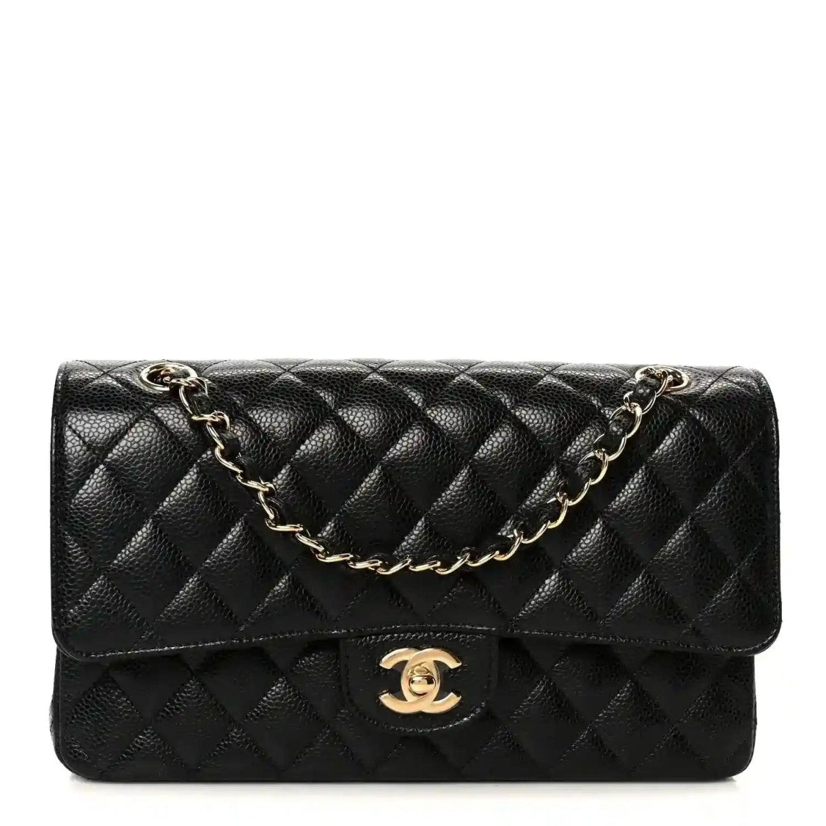 Chanel medium double flap bag in black quilted caviar leather with gold chain strap