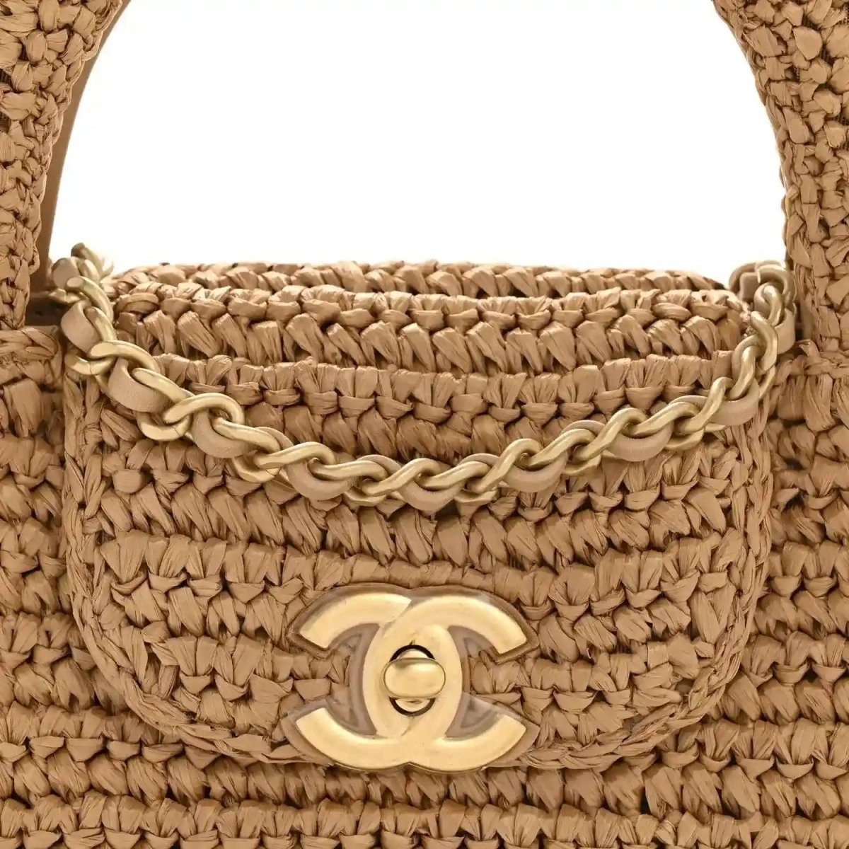 Dark beige raffia nano flap front with braided chain trim and gold CC clasp
