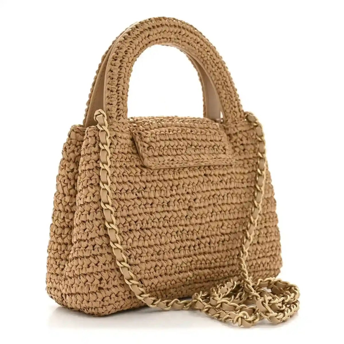 Dark beige braided raffia nano flap bag with chain strap and gold CC clasp
