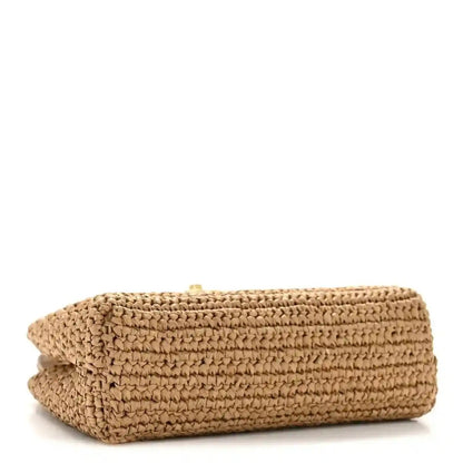 Dark beige braided raffia nano flap bag, side profile