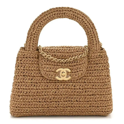 Dark beige braided raffia nano flap bag with gold CC turn-lock and chain strap