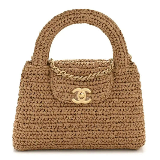 Dark beige braided raffia nano flap bag with gold CC turn-lock and chain strap