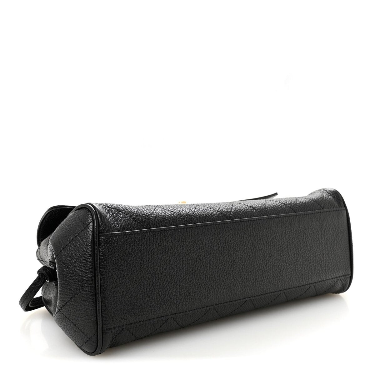 Black grained calfskin small shopping bag with side zipper pull and structured end panel