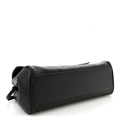 Black grained calfskin small shopping bag with side zipper pull and structured end panel