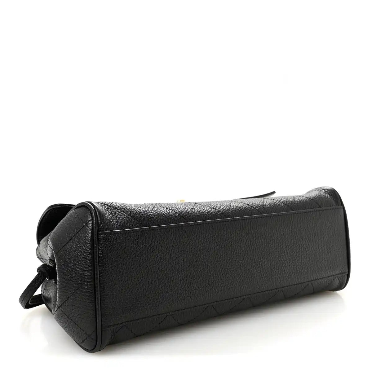 Black grained calfskin small shopping bag with side zipper pull and structured end panel