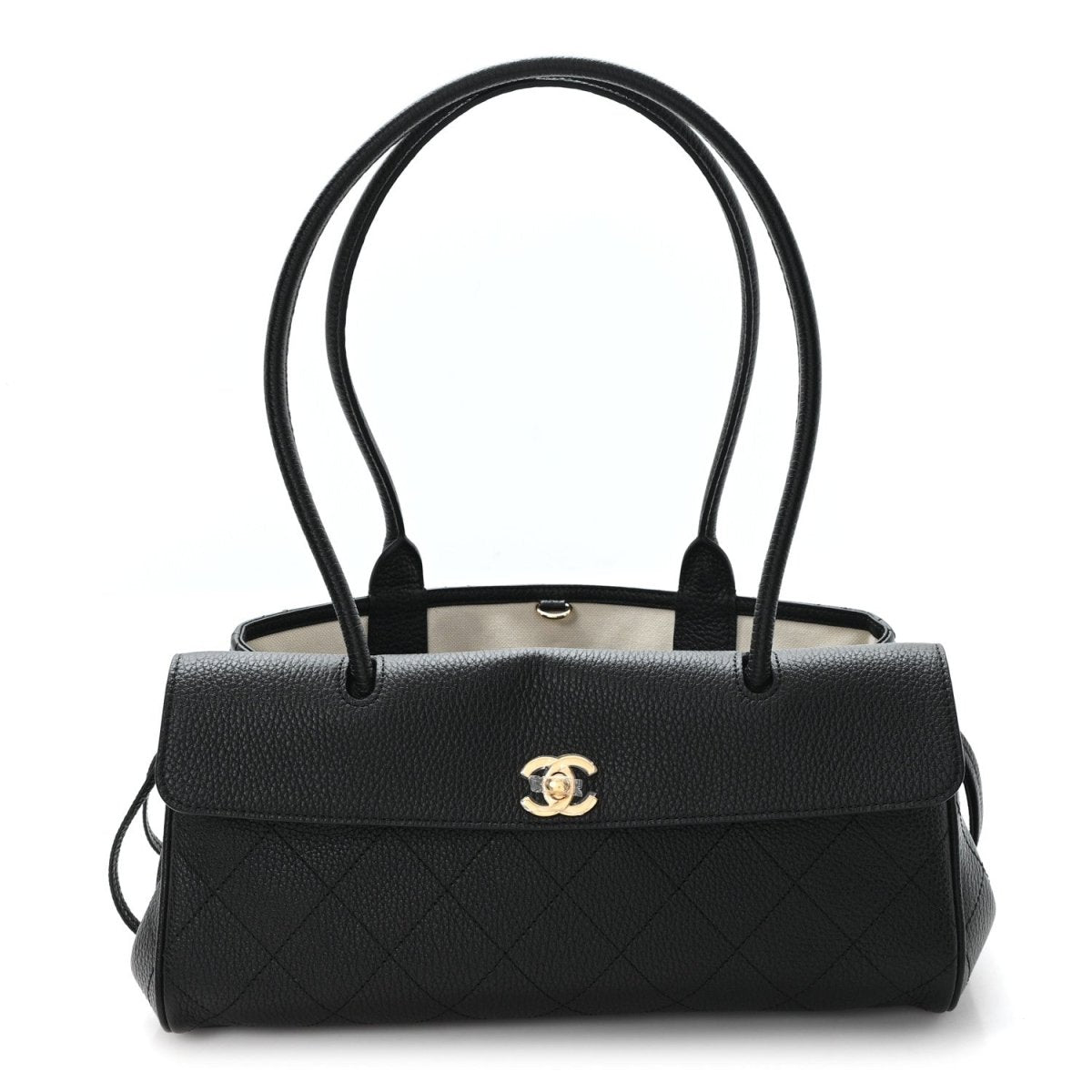 CHANEL small black grained calfskin shopping bag, quilted diamond front, top handles