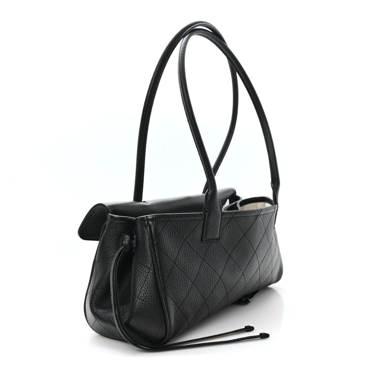 CHANEL small black grained calfskin shopping bag with side pocket, top handles, quilted front