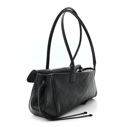 CHANEL small black grained calfskin shopping bag with side pocket, top handles, quilted front
