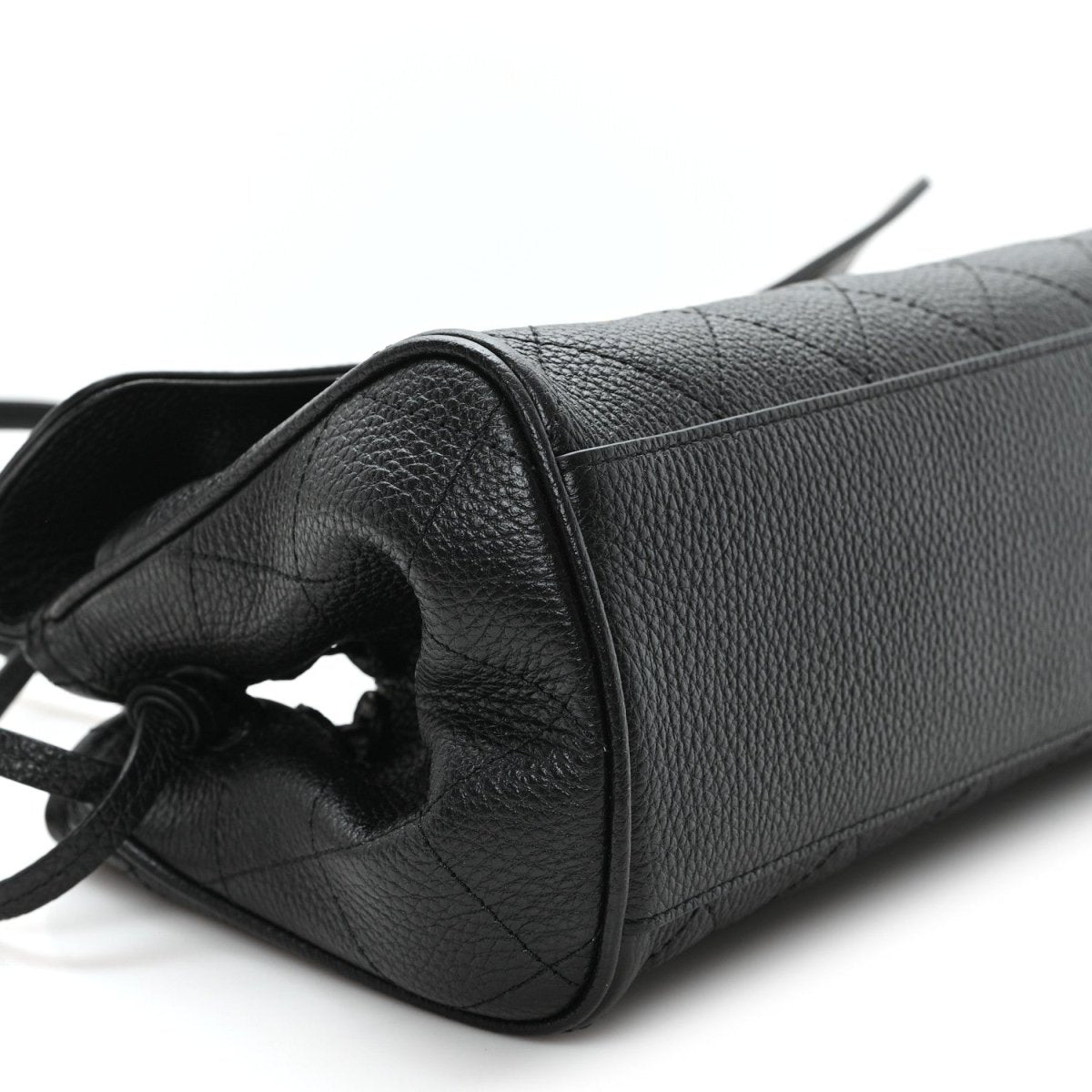 Black grained calfskin shopping bag end panel with drawstring-style tie detail