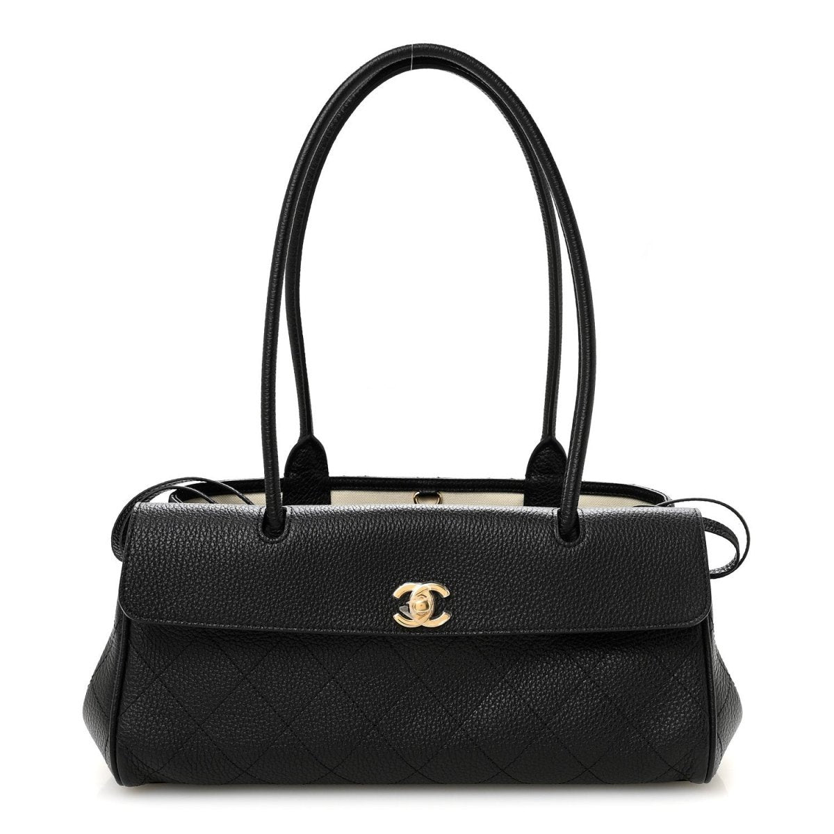 Black grained calfskin small shopping bag with top handles and gold CC logo