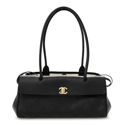 Black grained calfskin small shopping bag with top handles and gold CC logo