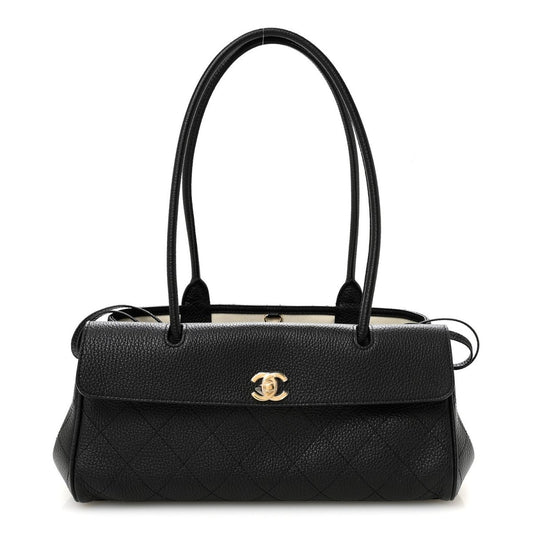 Black grained calfskin small shopping bag with top handles and gold CC logo