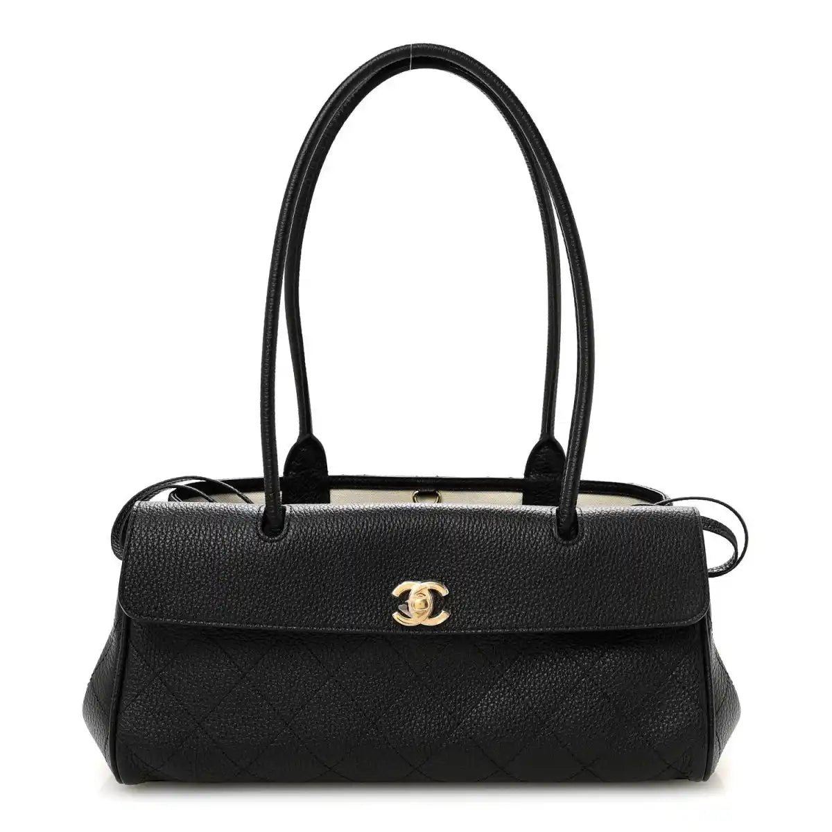 Black grained calfskin small shopping bag with top handles and gold CC logo