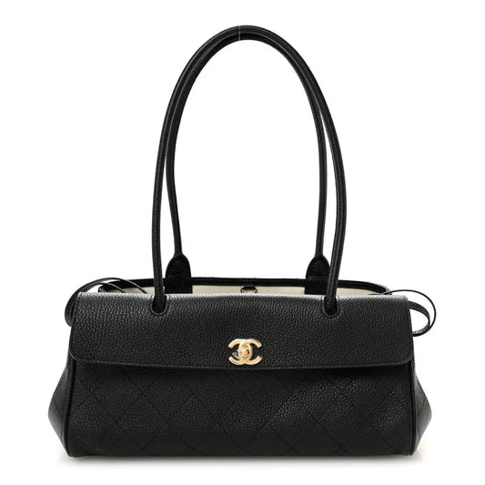 Black grained calfskin small shopping bag with top handles and gold CC logo