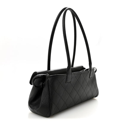 Black grained calfskin small shopping bag with double top handles and quilted side panel