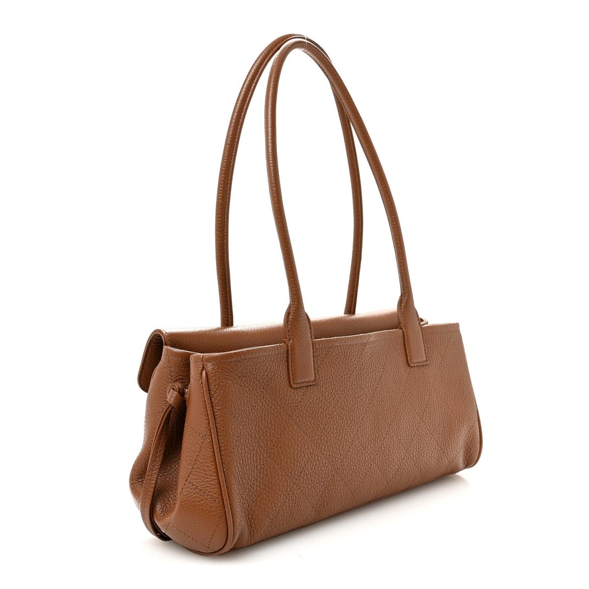 Camel brown grained leather small shopping bag with top handles and side gathers.
