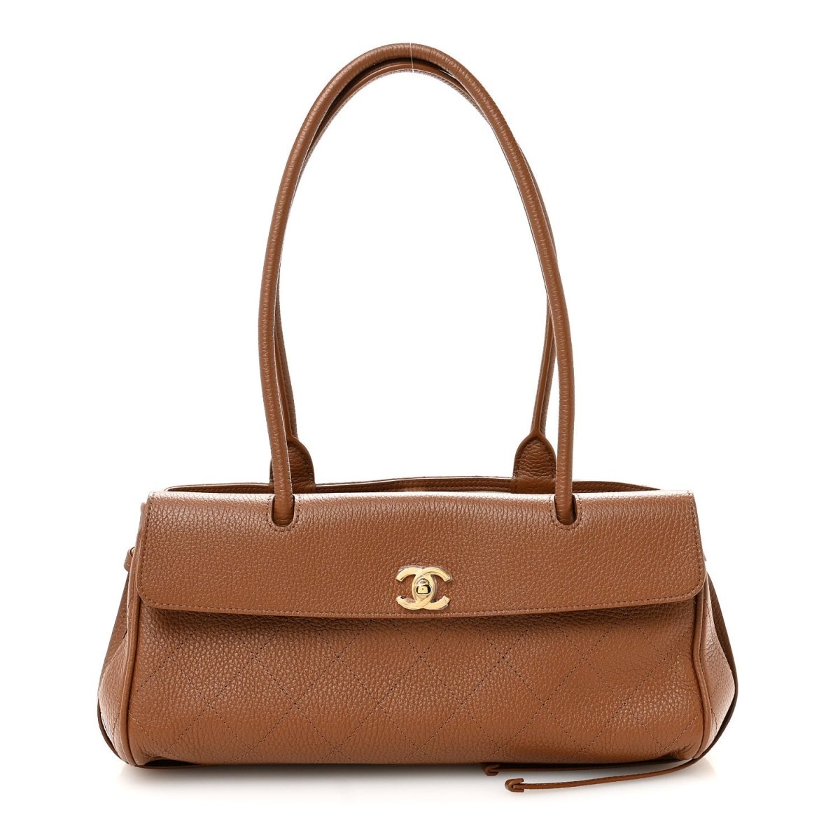 Camel brown grained leather small shopping bag with top handles and CC logo front.