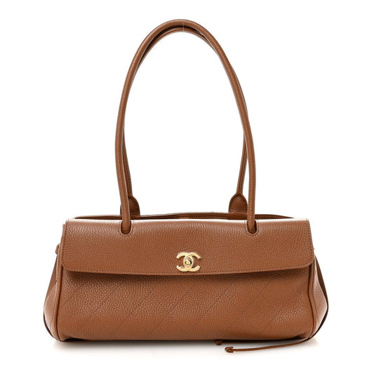 Camel brown grained leather small shopping bag with top handles and CC logo front.