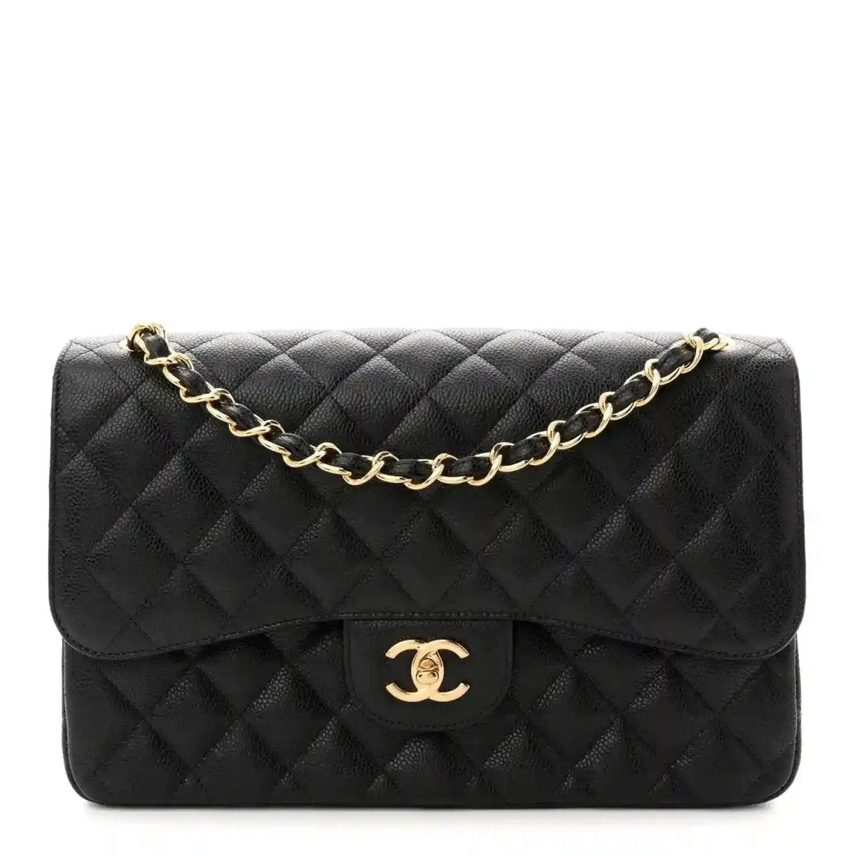 Chanel Jumbo double flap bag in black quilted caviar leather with gold chain