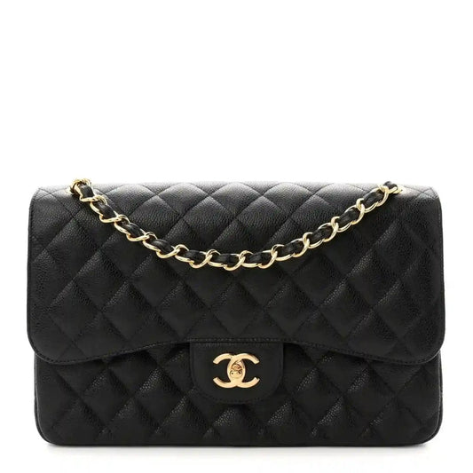 Chanel Jumbo double flap bag in black quilted caviar leather with gold chain