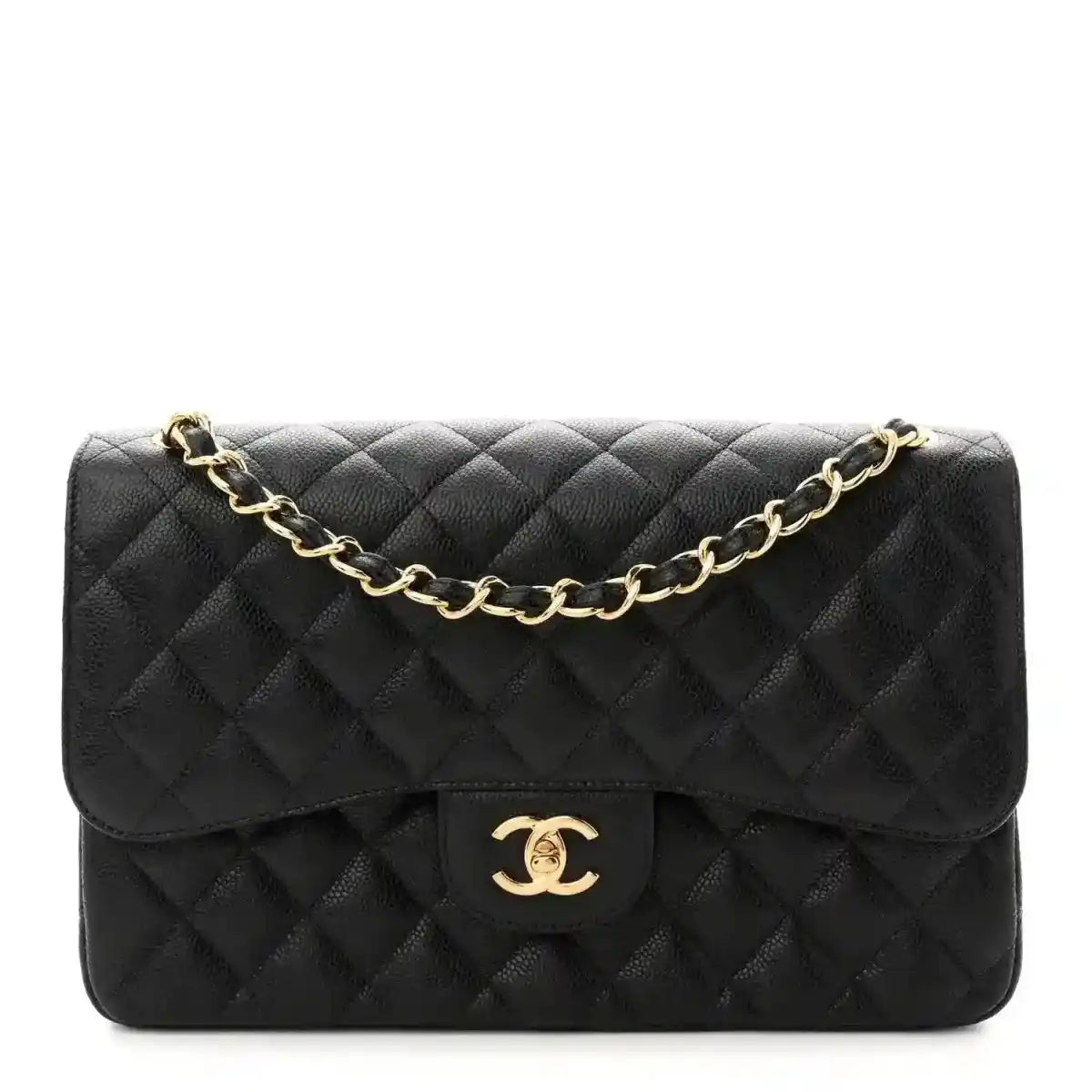Chanel Jumbo double flap bag in black quilted caviar leather with gold chain
