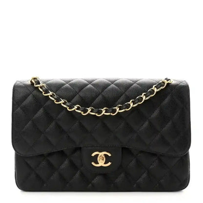 Chanel Jumbo double flap bag in black quilted caviar leather with gold chain