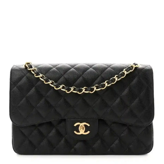Chanel Jumbo double flap bag in black quilted caviar leather with gold chain