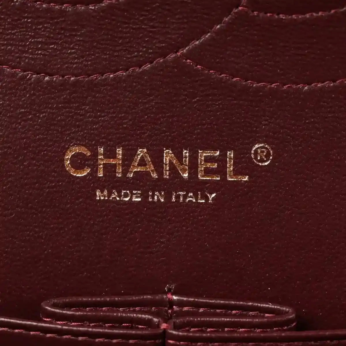 Chanel leather stamp reading “CHANEL” and “MADE IN ITALY”
