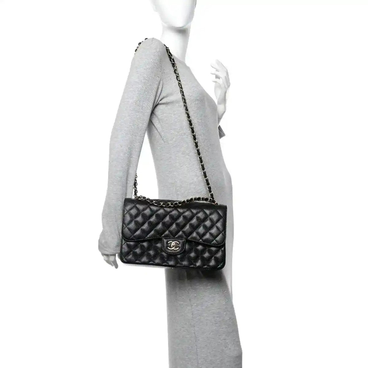 Chanel mini double flap bag in black quilted caviar leather with chain strap