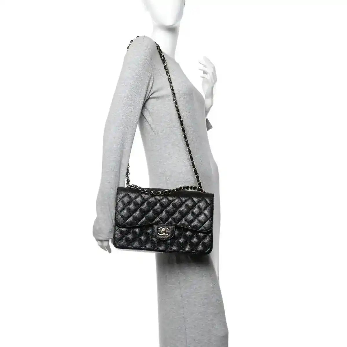 Chanel mini double flap bag in black quilted caviar leather with chain strap