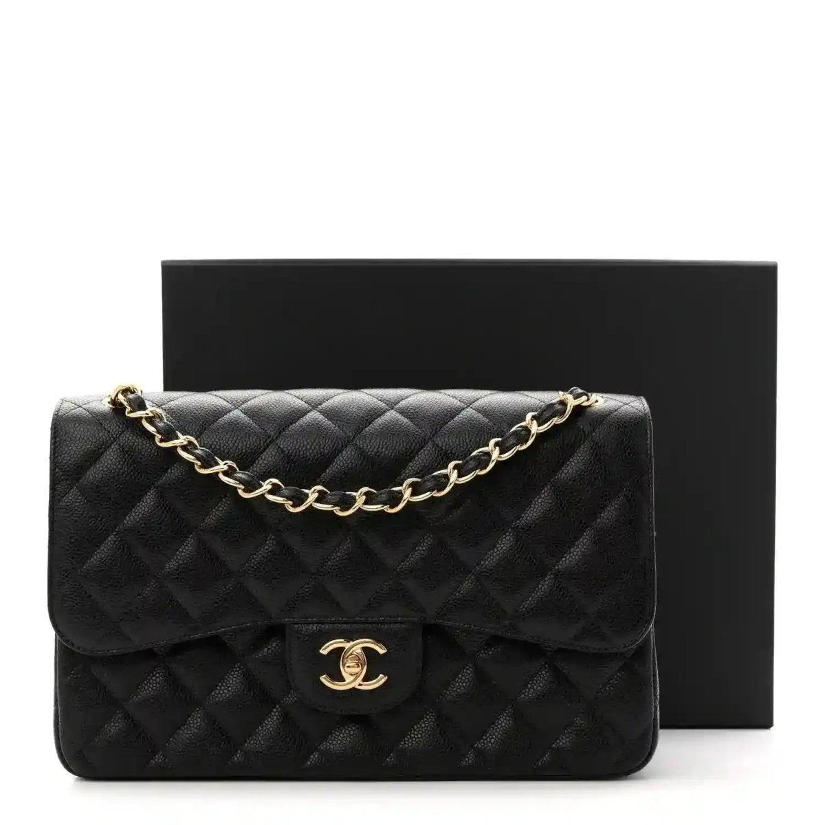 Chanel jumbo double flap bag in black quilted caviar leather, gold chain and CC clasp