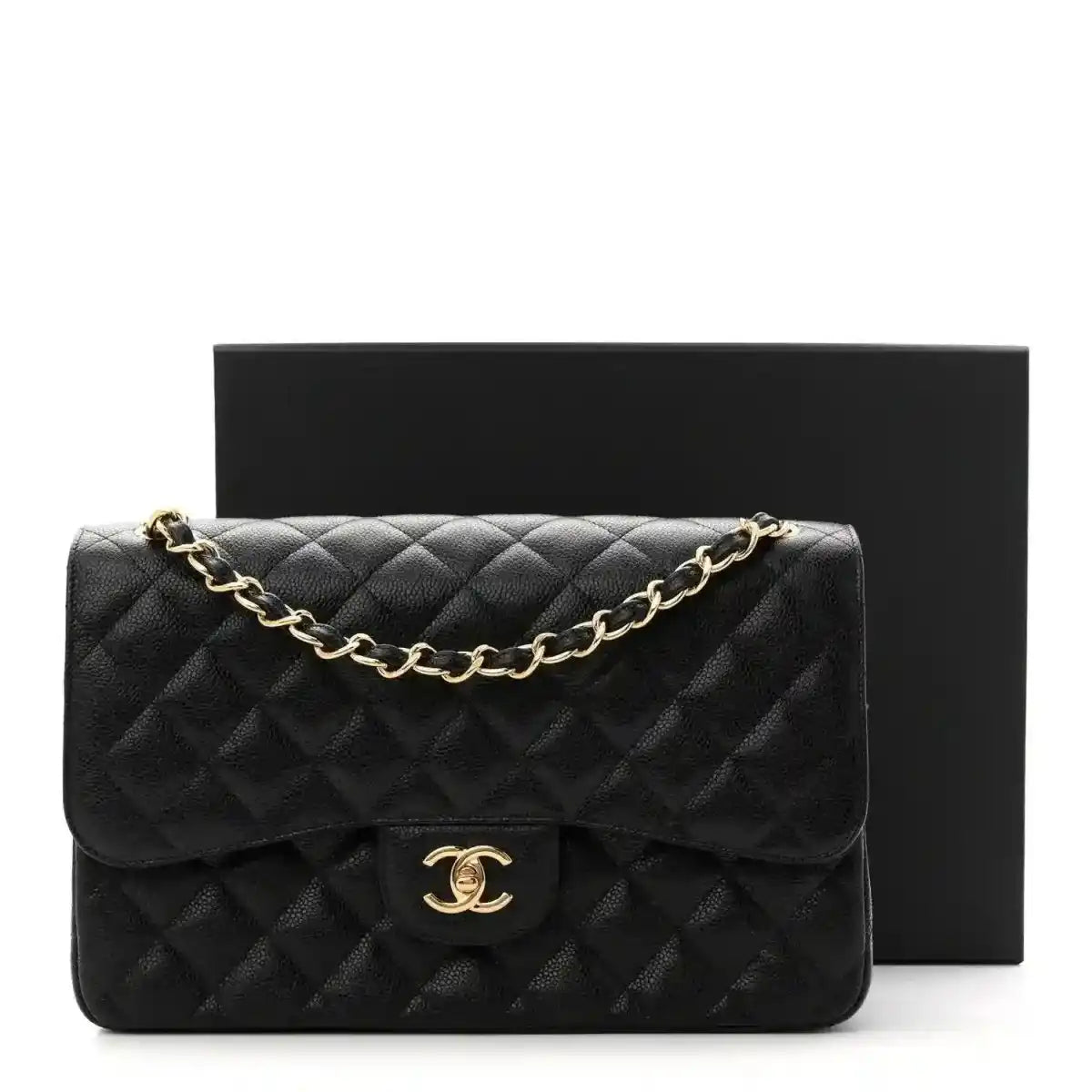 Chanel jumbo double flap bag in black quilted caviar leather, gold chain and CC clasp