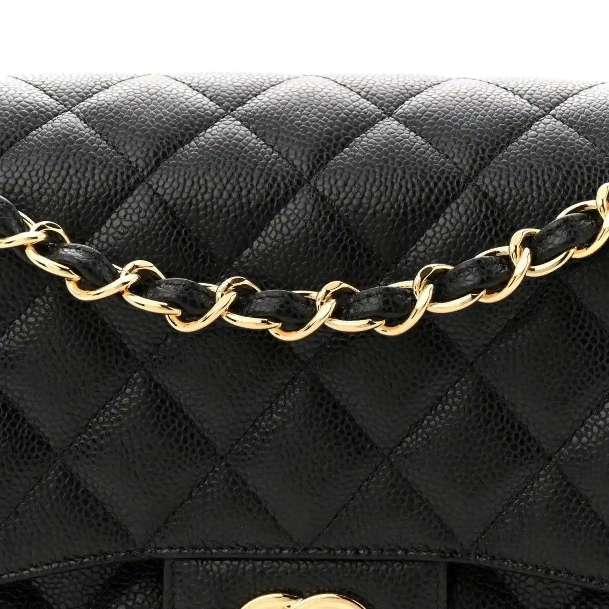 Chanel double flap bag front with black quilted caviar and gold chain
