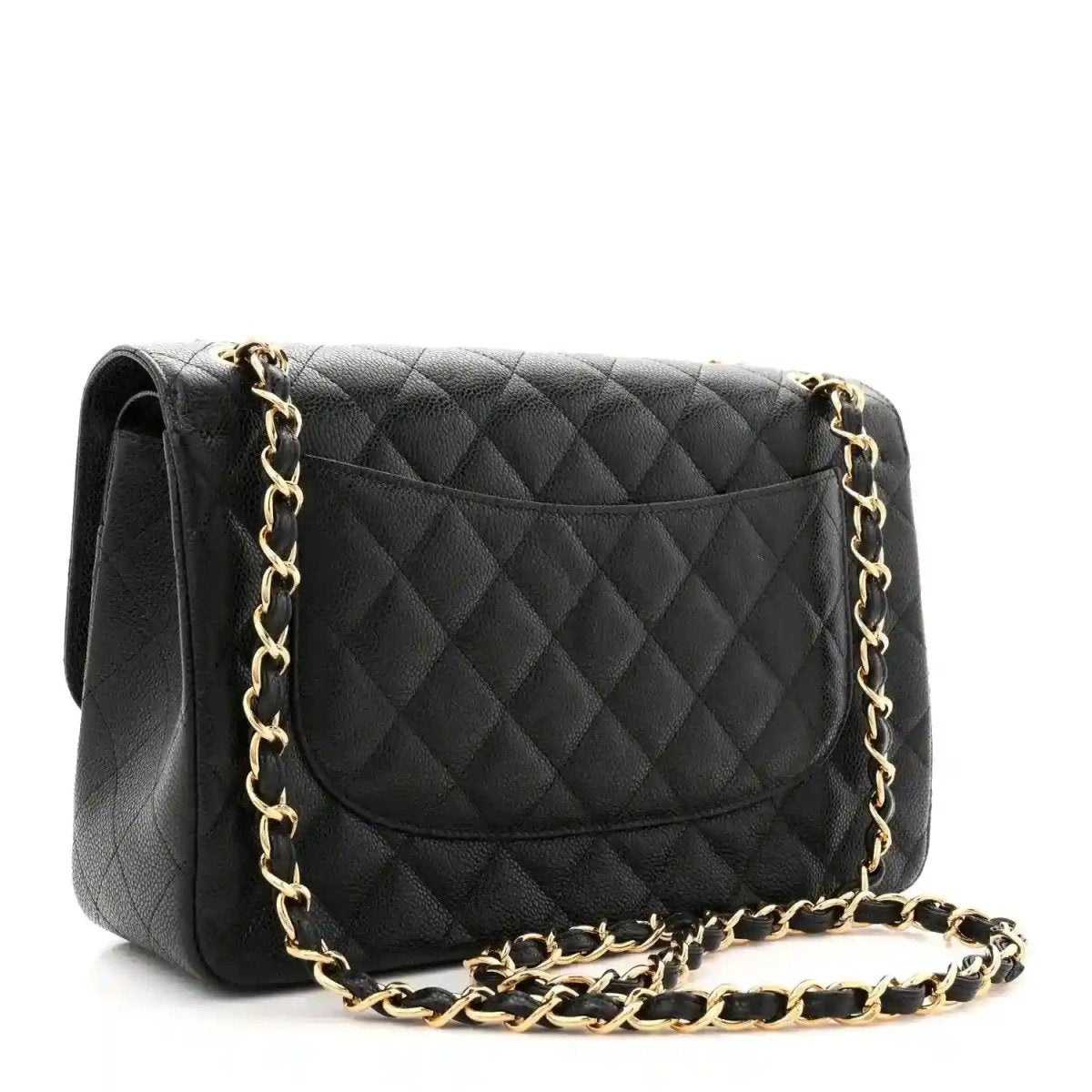 Chanel jumbo double flap bag in black quilted caviar leather with gold chain