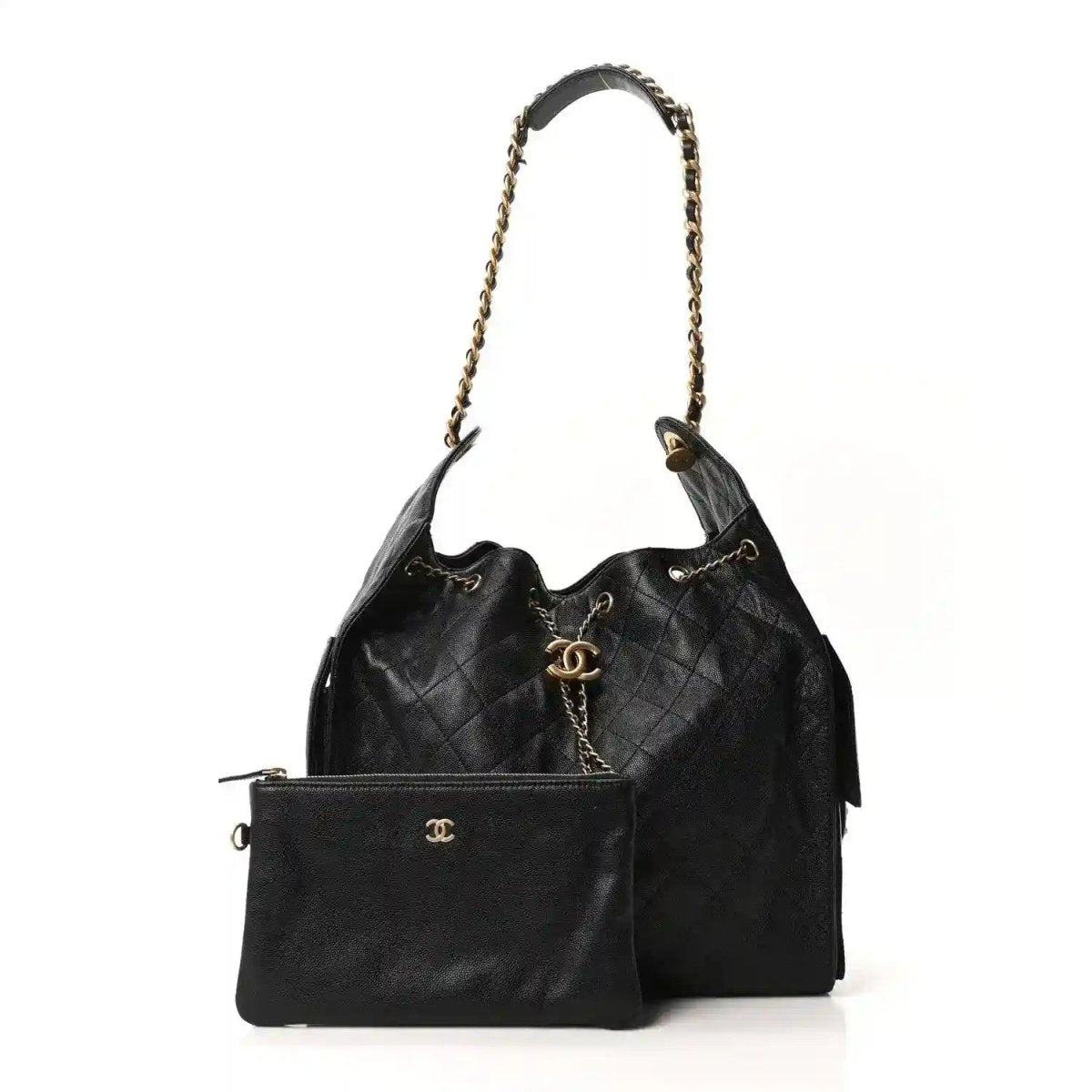 Black quilted leather handbag with chain handle and front flap pocket