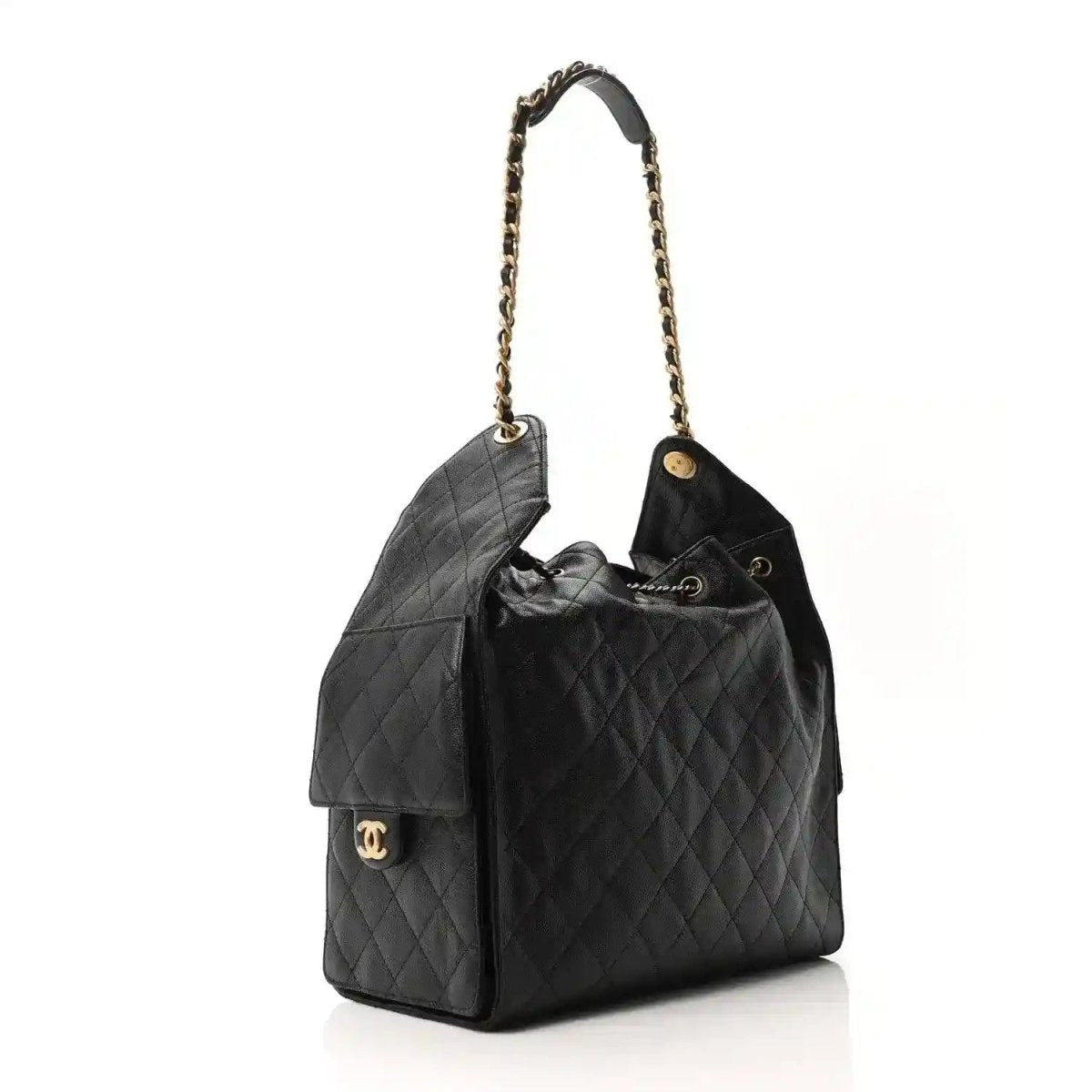 Black quilted leather bucket-style handbag with gold chain shoulder strap