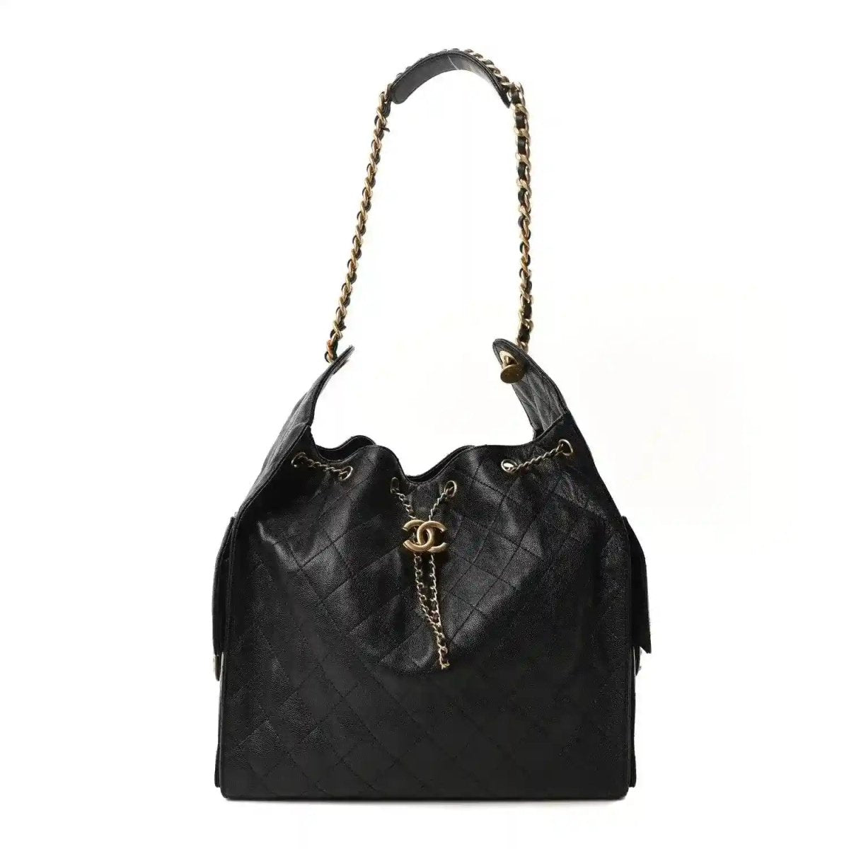 Black quilted leather Chanel-style handbag with chain shoulder strap and tassel pulls