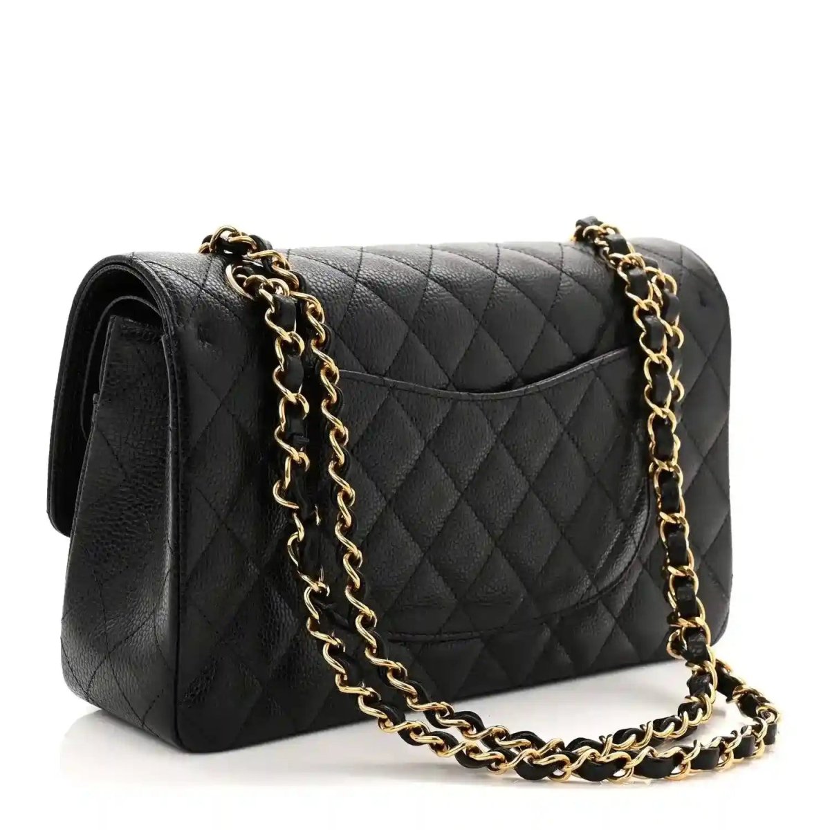 Black quilted caviar leather double-flap bag with gold chain and front emblem