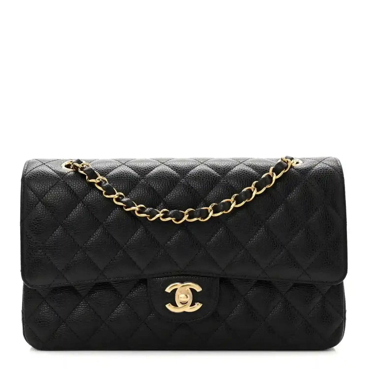 Black quilted caviar leather flap bag with gold chain and logo clasp