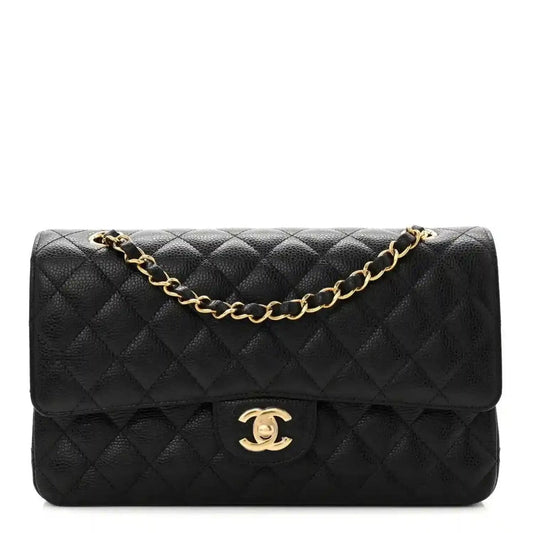 Black quilted caviar leather flap bag with gold chain and logo clasp